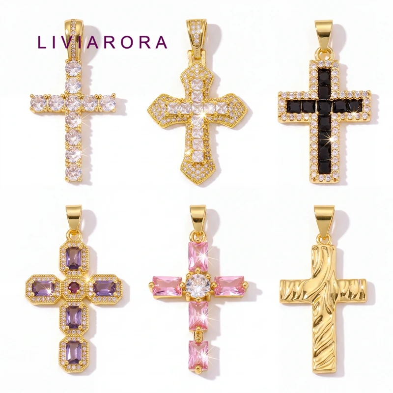 1Pc 18K Gold Plated Brass Birthstone Cross Pendant Inlaid Zircon Hip Hop Religious Jewelry Charm For Necklace Making Accessories