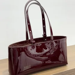 FIRMRANCH Simple Horizontal Square Design Luxurious Bright Patent Cowhide Leather Wine Red Women's Handbag Shoulder Underarm Bag