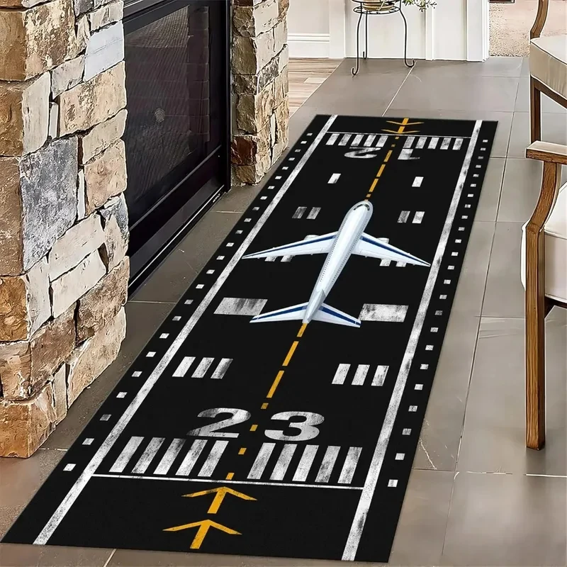 VIKAMA Airplane Runway Print Runner Rug, Non-Slip Black Airport Floor Mat for Kids Room, Hallway & Aviation Decor