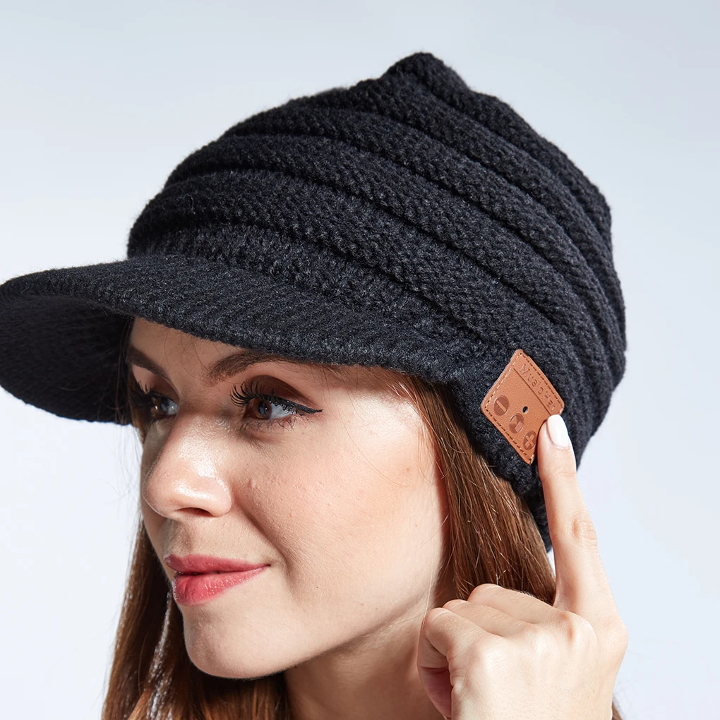 Winter Knitted Peak Hat Bluetooth 5.0 Headphone Warm Cap Women Wireless Headset Music Hat