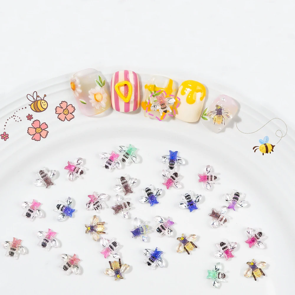 20Pcs Cartoon Cute Little Bee Nail Art Charm 3D Transparent Kawaii Resin Insect Bee Nail Ornament DIY Exquisite Nail Accessories