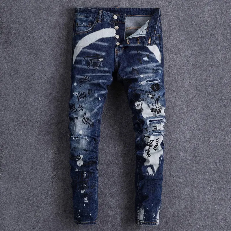 

Y2K fashion new men's jeans, painted, pleated, washed, nostalgic, stretchy, slim fit, blue jeans, high street hip-hop brand pant