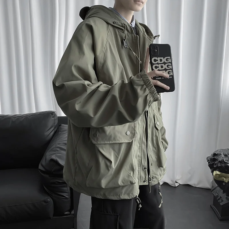 

Men Jacket Large Size Tooling Clothing s Tops Spring Hooded Armygreen Loose Casual Student Outwear Classic Coat