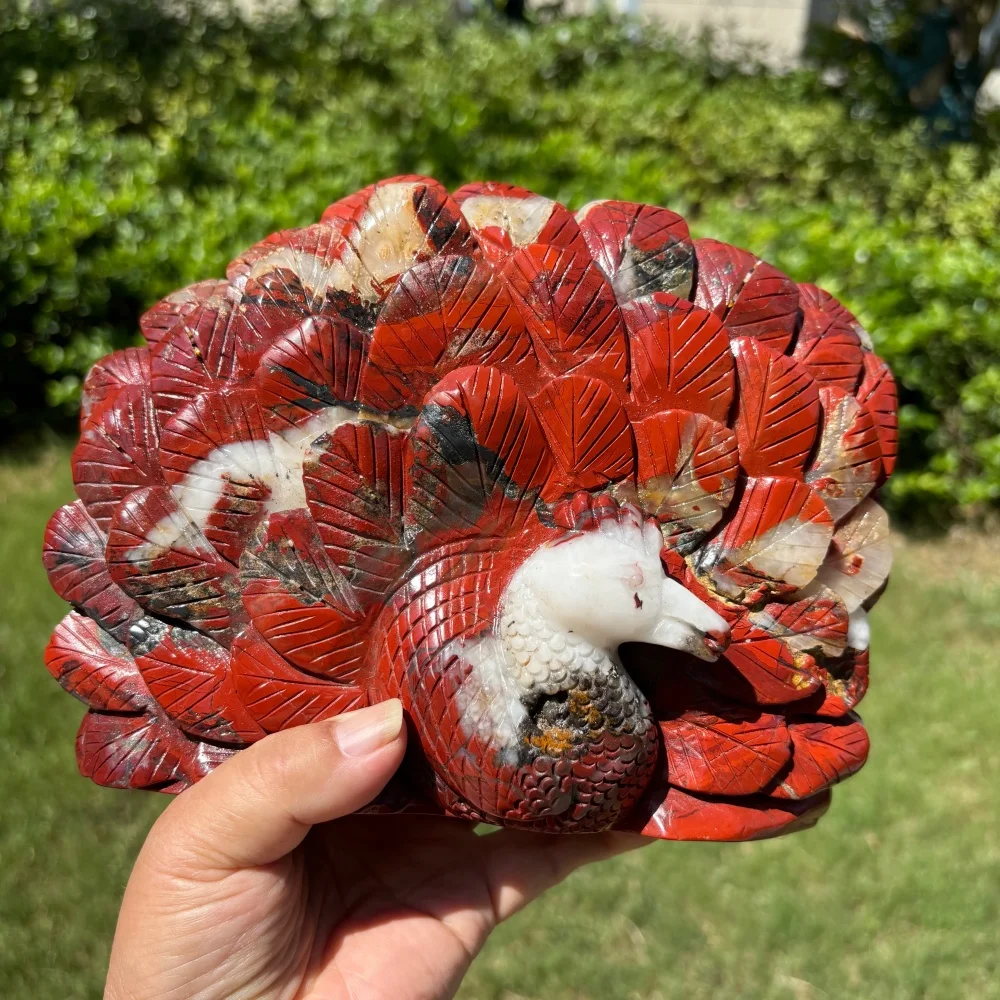 2.7kg Natural Red Jasper Peacock Open Tail Crystal Carving Hand Carved Stone Statue Prosperity Symbol Home Decor Healing Crystal