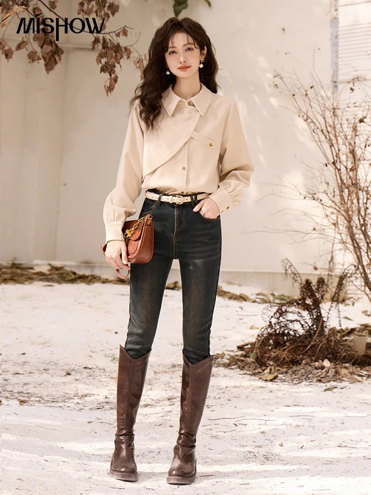 MISHOW Retro Long Sleeve Shirt for Women Spring Autumn Fashion Button Up Blouse Woman Loose Irregular Versatile Top MXC58C0176