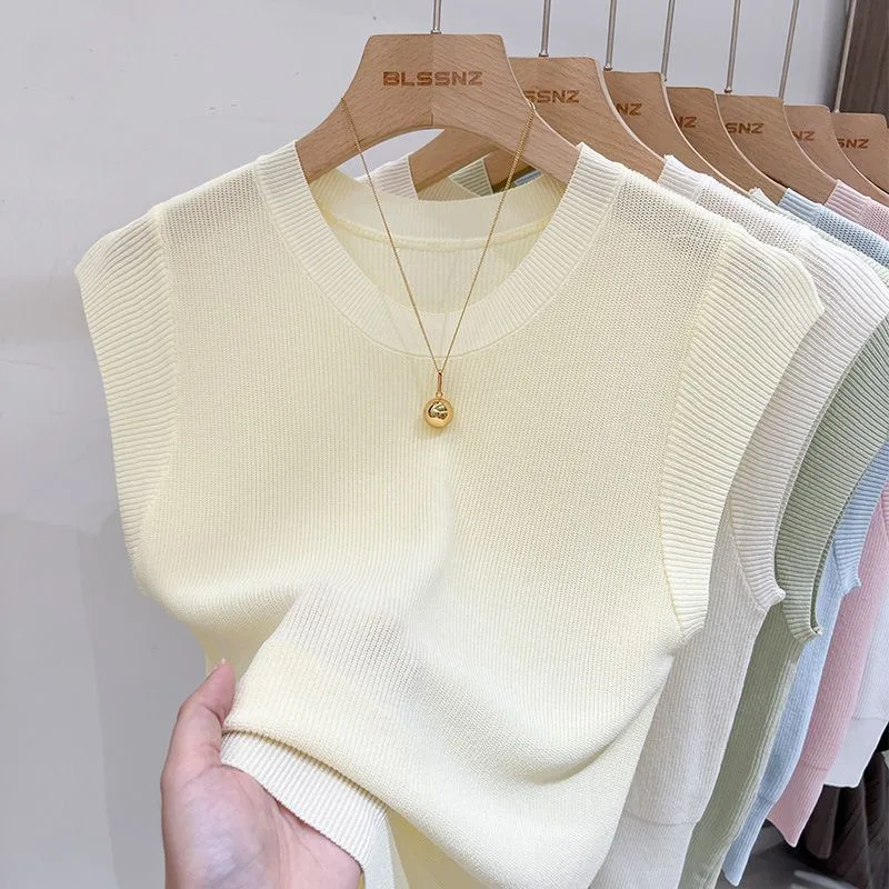 Eis Seide Stricken Kurzarm Sommer Neue Stil Vielseitiges T-shirt Ärmelloses Slim Fit Kurze Top Einfarbig