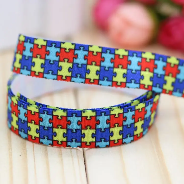 DHK 5/8\'\' 5yards Love Sun Hope HWLF Autism Friend Printed Fold Elastic FOE Stretch Ribbon Accessories Craft DIY Sewing C2647