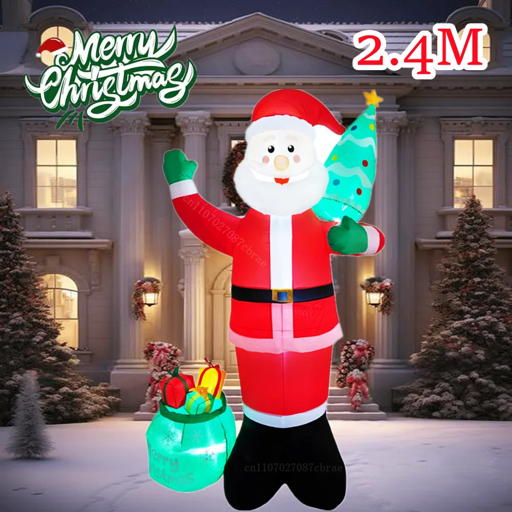 8FT/2.4M Christmas Inflatable Santa Claus with Tree And Gift Bag, Built-in LED Lights For Courtyard Garden Lawn Xmas Decoration