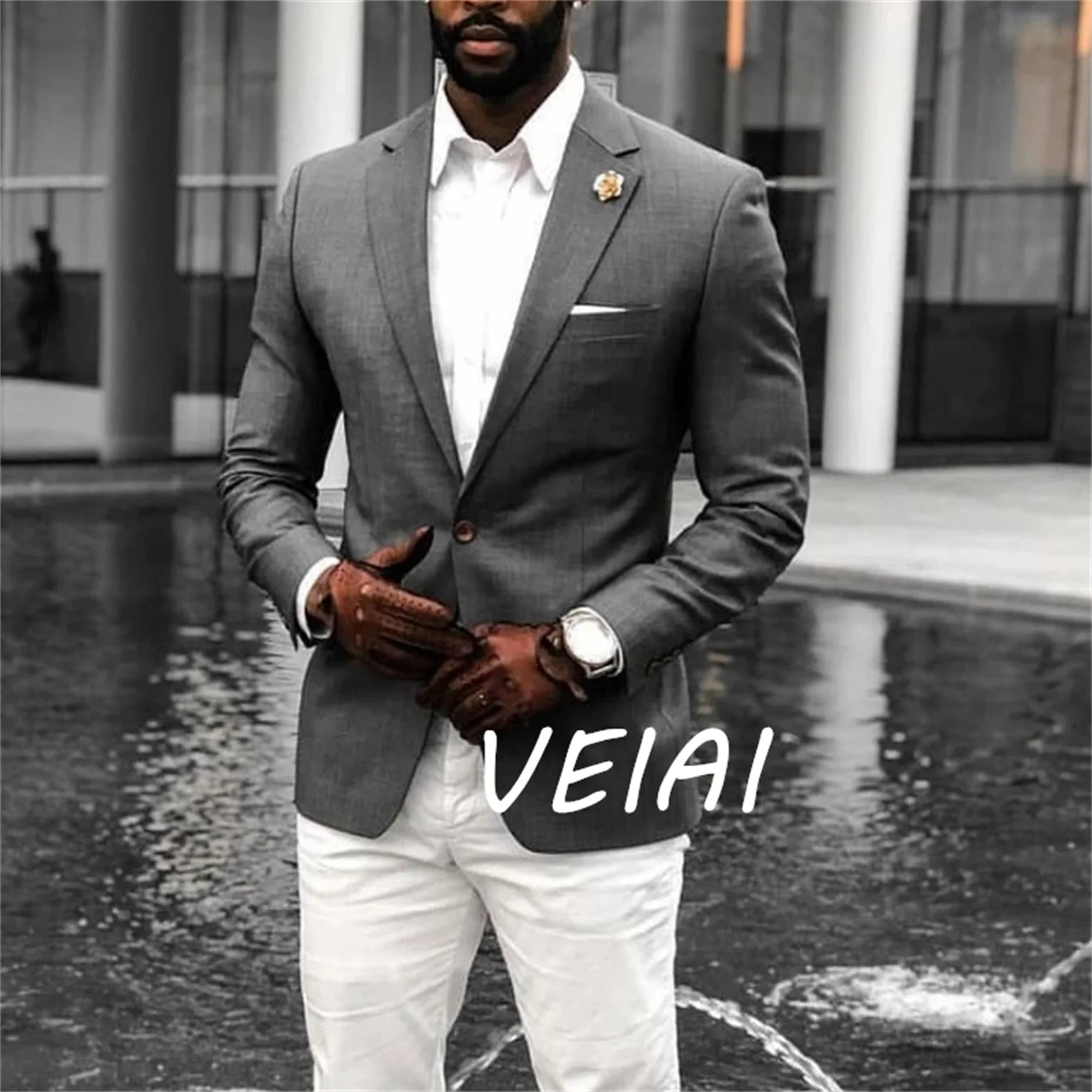 

Серые мужские костюмы по индивидуальному заказу, приталенный костюм из 2 предметов, повседневные свадебные смокинги для жениха, модный африканский пиджак с лацканами и белыми брюками