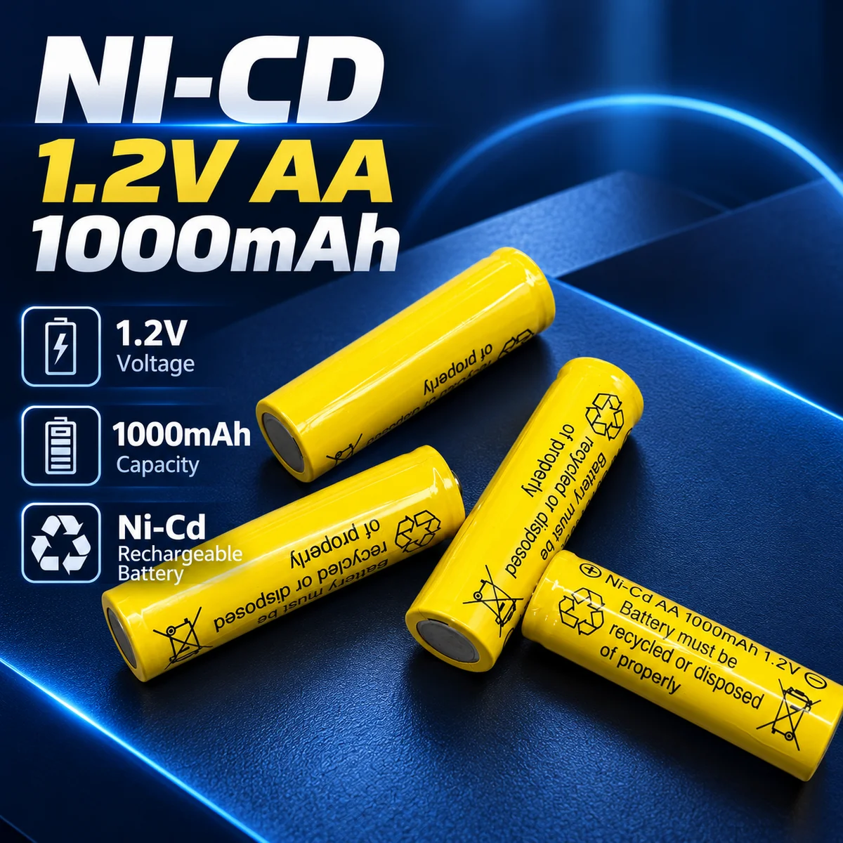 1000mAh AA Ni-Cd Rechargeable Batteries 1.2V High Discharge Rate, Cold Resistant for RC Toys, Power Tools, and Cold Weather Use