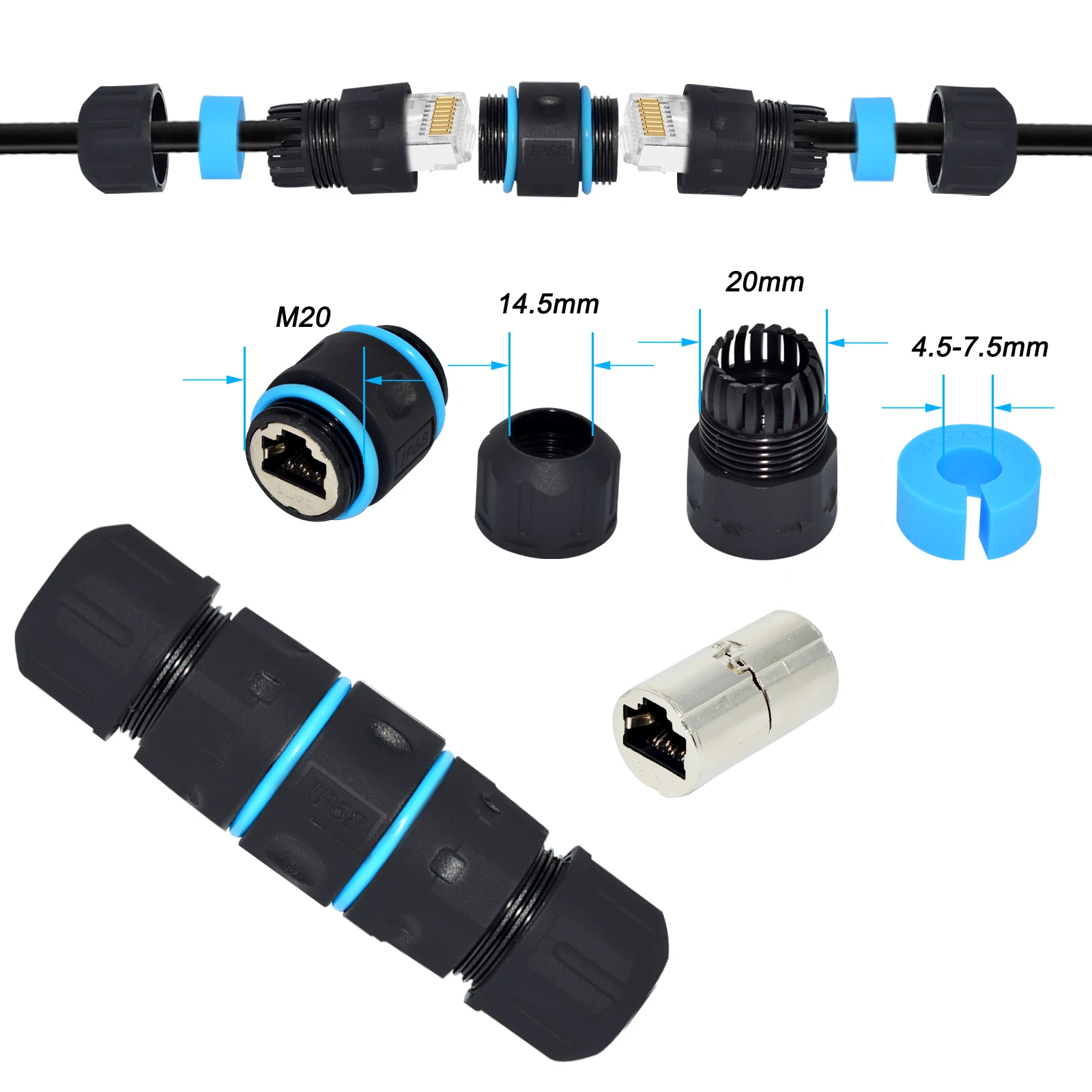 M20 RJ45 سبائك الزنك موصل شبكة إيثرنت مستقيم من خلال مقاوم للماء IP68 لوحة رأس كابل شبكة النطاق العريض في الهواء الطلق