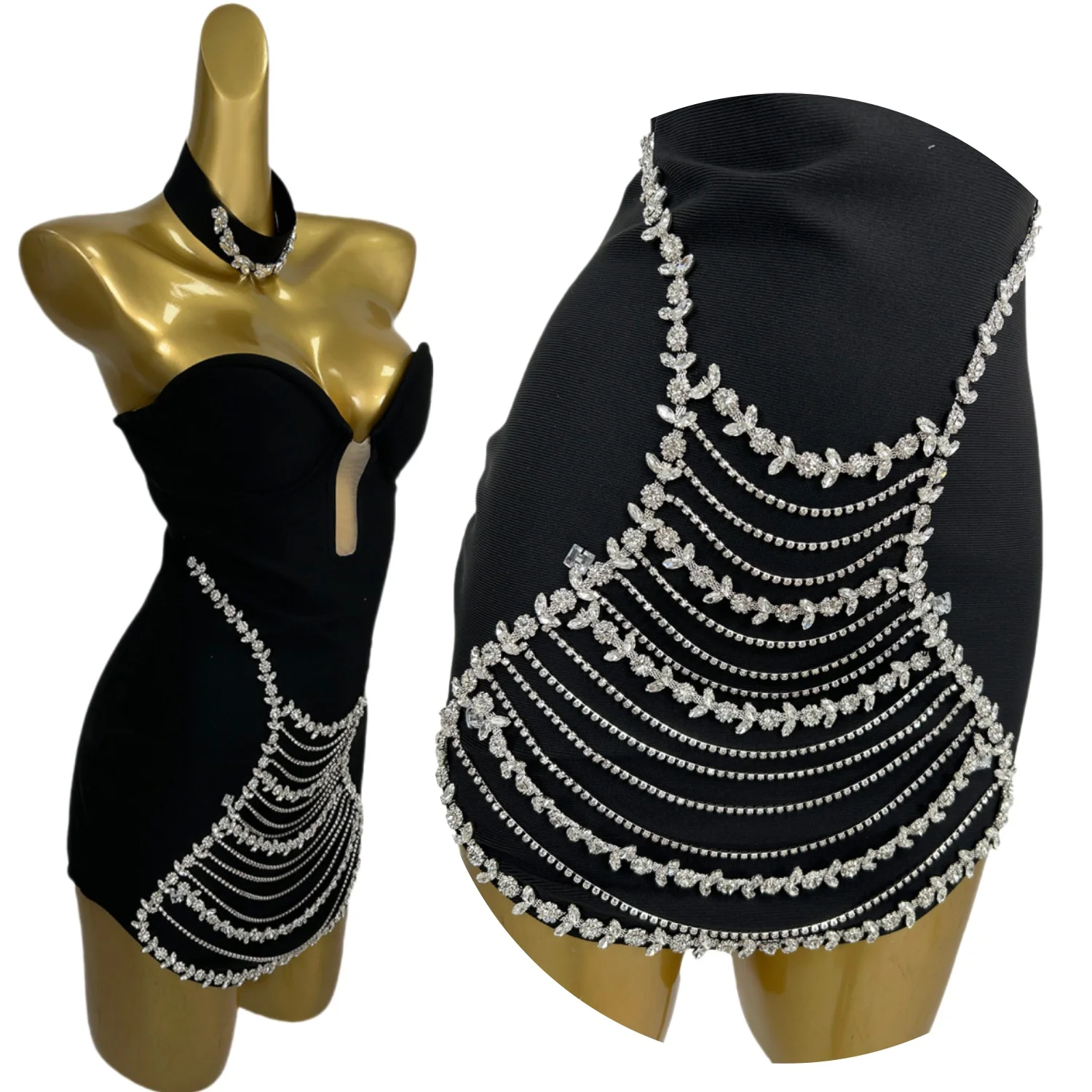 

Classic Crystals Black Bandage Dress with Choker Bar Sexy High-quality Classic Black Mini Dress Party Bodycon Elegant Cloting