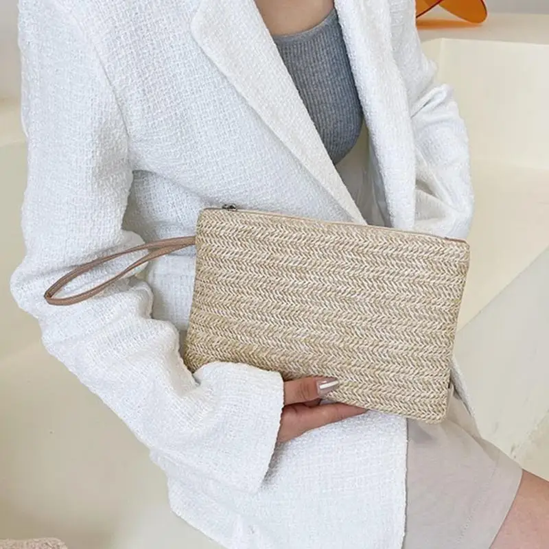 

63HC Women Straw Clutch Purse Weaving Bag Female Straw Woven Coin Purse Wristlet Bag