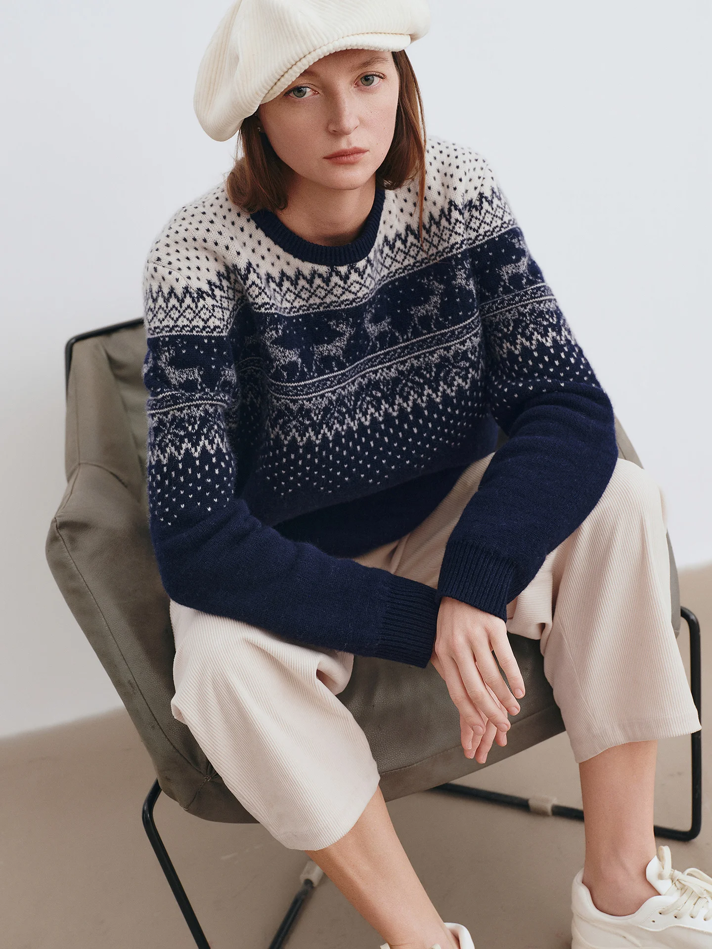 

Retro Sle Knitted Wool Sweater round Ne Soft Long Sve Deer Snowflake Pattern Loose Fit Comfortable Breathable Women's Top