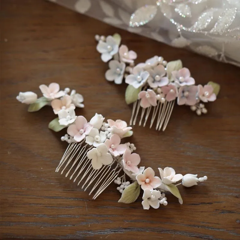 

Floralbride Handmade Alloy Rhinestone Pearls Clay Flower Bridal Hair Comb Wedding Headdress Hair Accessories Women Girls Jewelry