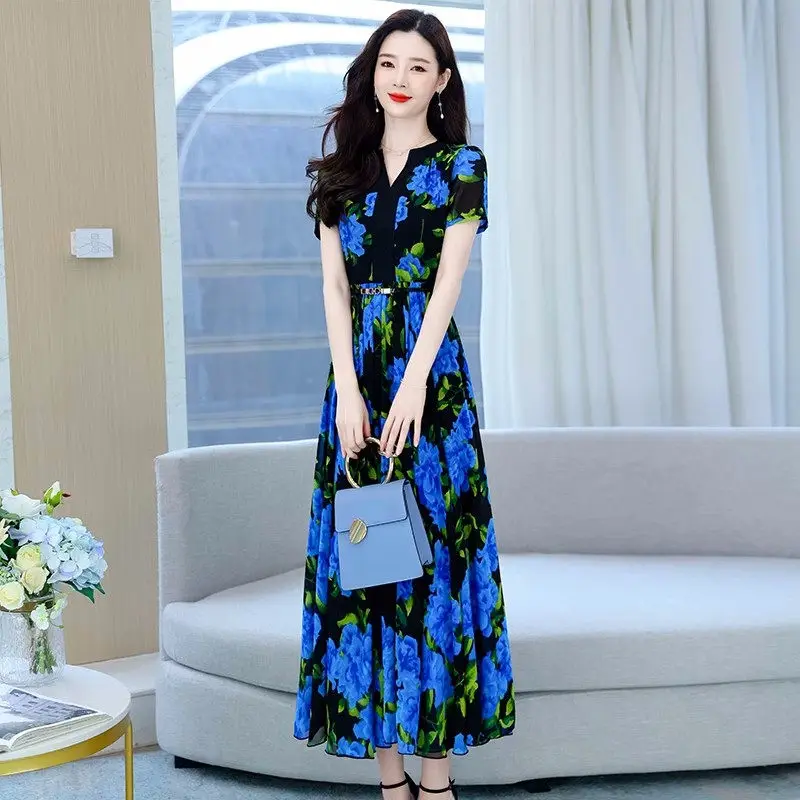 Printed Boho Chiffon Dress For Women Summer 2023 Fashion Slimming High-End V-Neck Short Sleeve Vintage Elegant Dresses Z1287