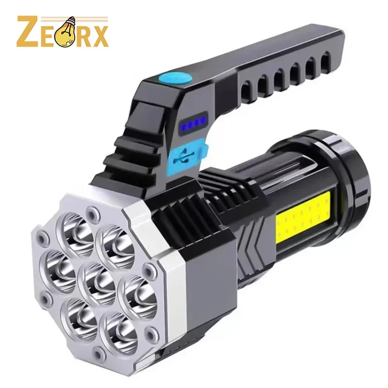 

LED Flashlight High Lumens USB Rechargeable Flashlight with Sidelight, 7X LED, Zoomable, Handheld for Camping, Hiking, Walking