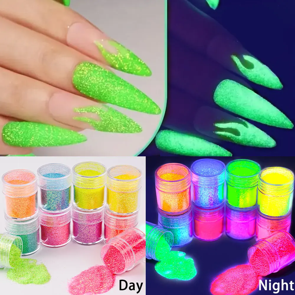 10 Potten/SET Lichtgevende Nail Glitter Poeder Glow In The Dark Ultra Dunne Multi Kleuren Holografische Fluorescerende Pigment Nail Art decors