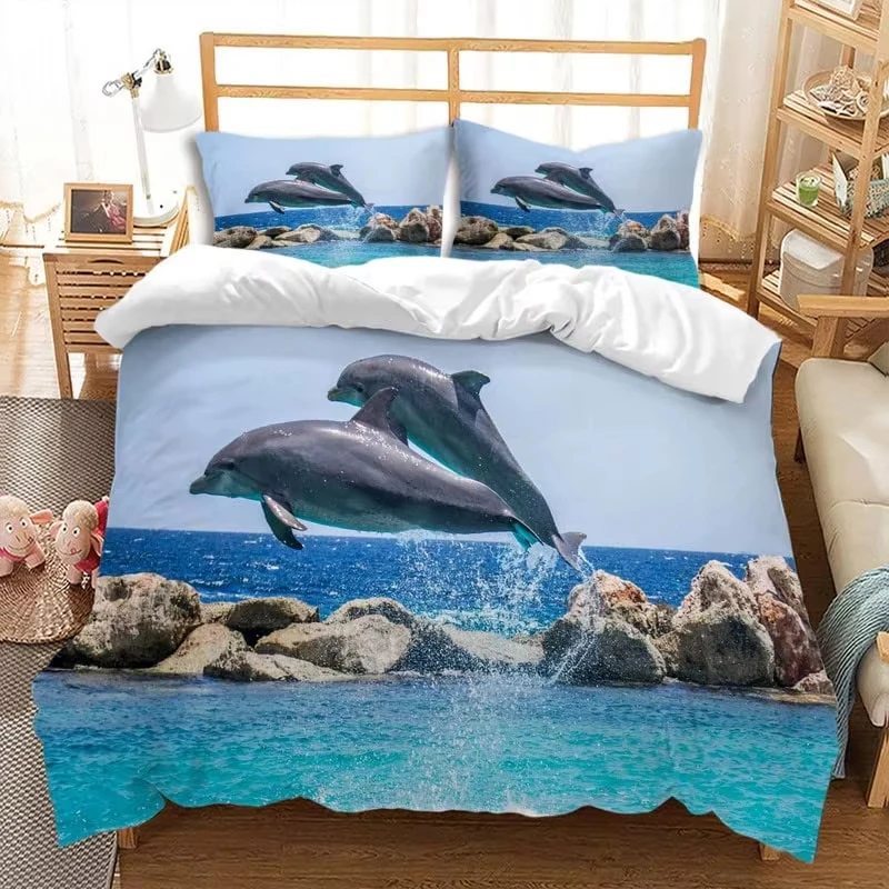 Dolphin Duvet Cover Set Cute Jumping Dolphins Bedding Set Microfiber Marine Animals Comforter Cover with 2 Pillow Sham Twin King