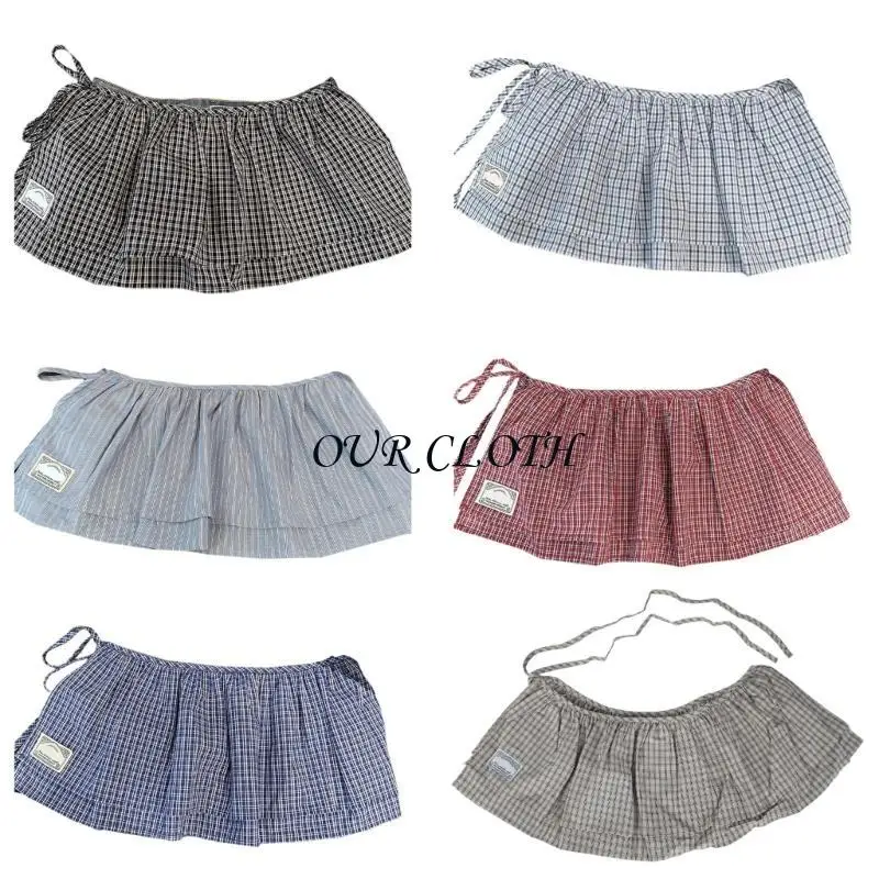 

Мини-юбка с запахом и оборками в клетку, двухслойная юбка-фартук с регулируемой завязкой на талии Y1AC