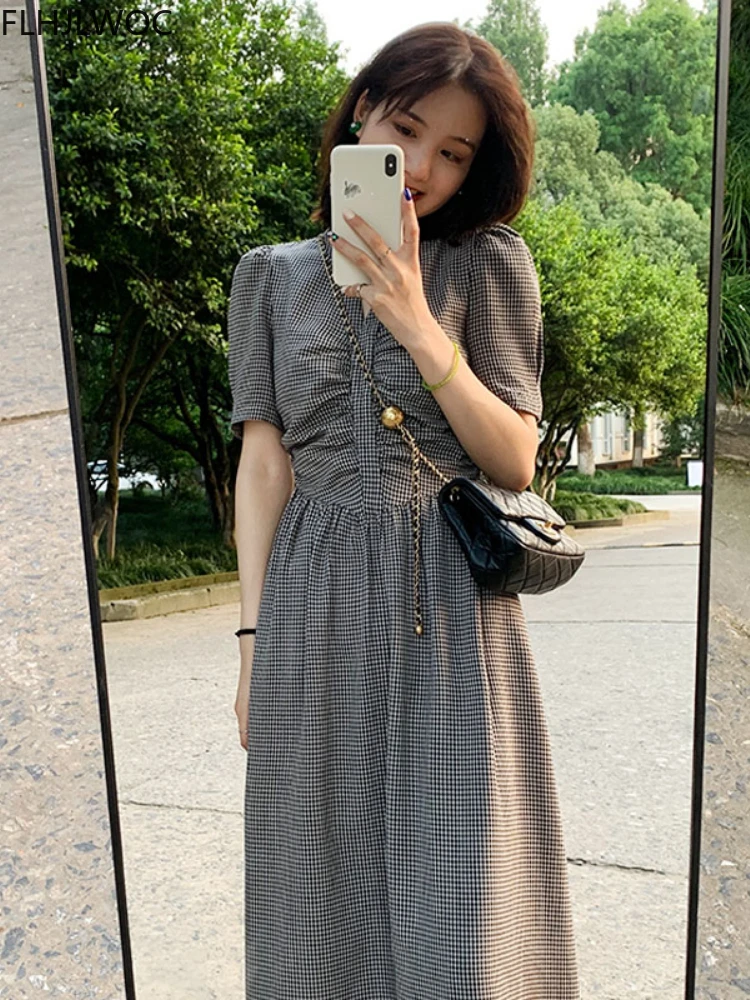 New Design Japan Style 2022 Women Cute Office Lady Chic Korea Girls Plaid Brown Vintage Long Shirt Dress Retro Vestidos