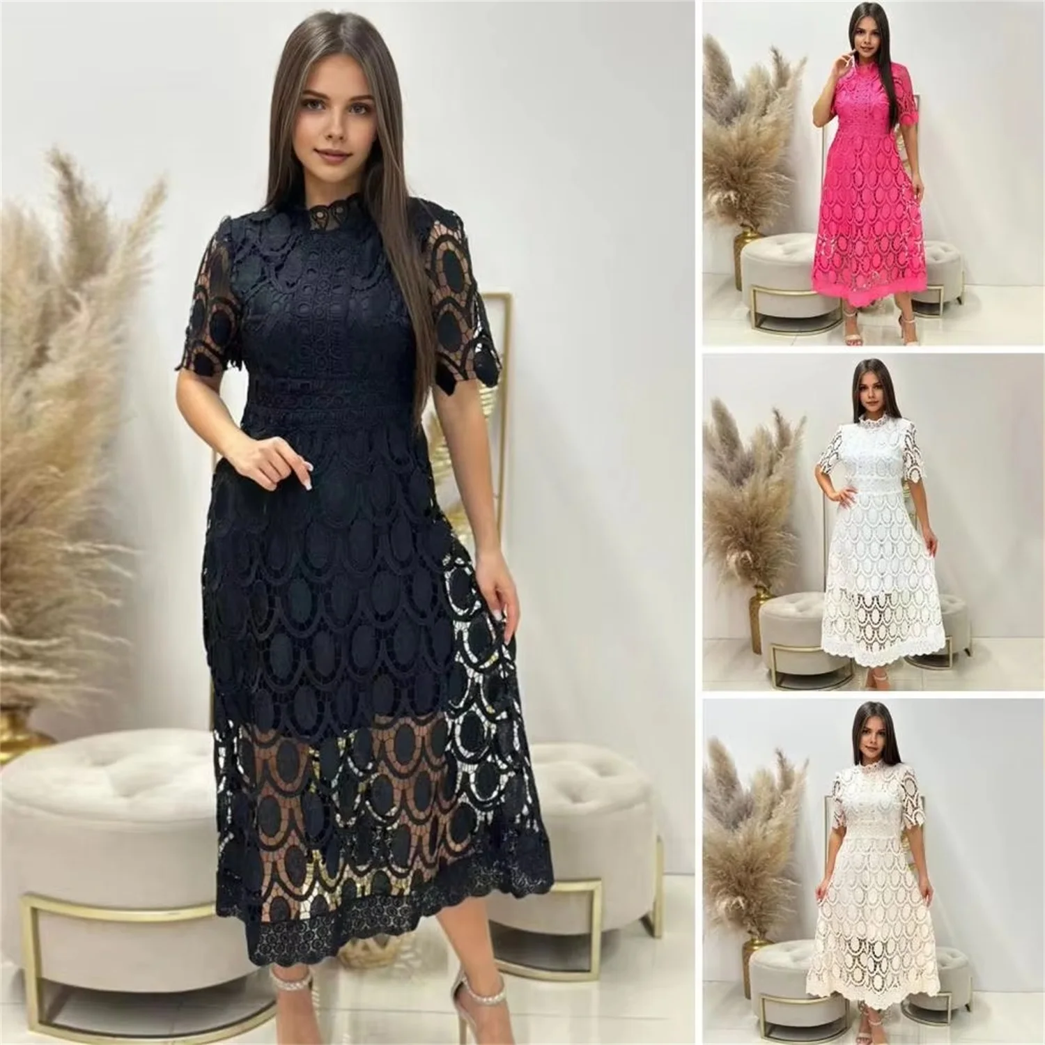 

EINY Women Fashion Dress Long Sleeved Lace Splicing Crochet Hook Embroidery Hollowed out A Ling Long Dress Vestidos Party Robes