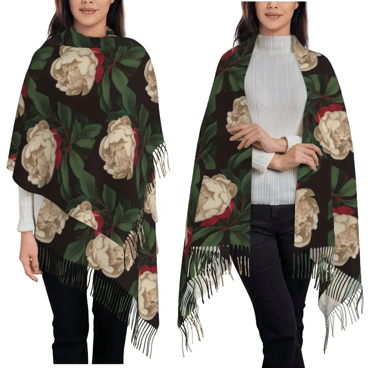 

Vintage Peony Scarf Tassel Scarves for Women Soft Warm Shawls and Wraps Large Fall Winter Shawl Wrap