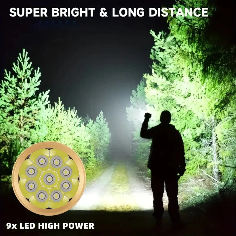 180W 9-LED High Power Super Bright Flashlight USB LCD Rechargeable Powerful Outdoor Hunting Camping Hiking Fishing Torch Light