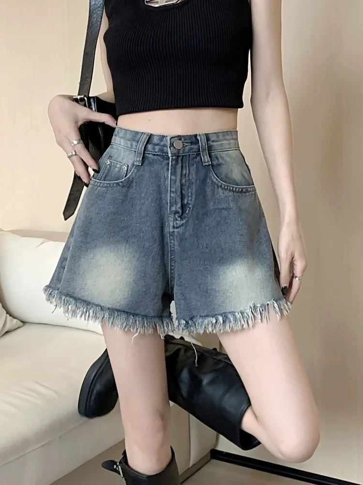 

Retro Faded High Waist Denim Shorts Women's Thin Summer Frayed Slimming Hot Pants A-Line Wide Leg Hot Pants Cotton Stretch Denim