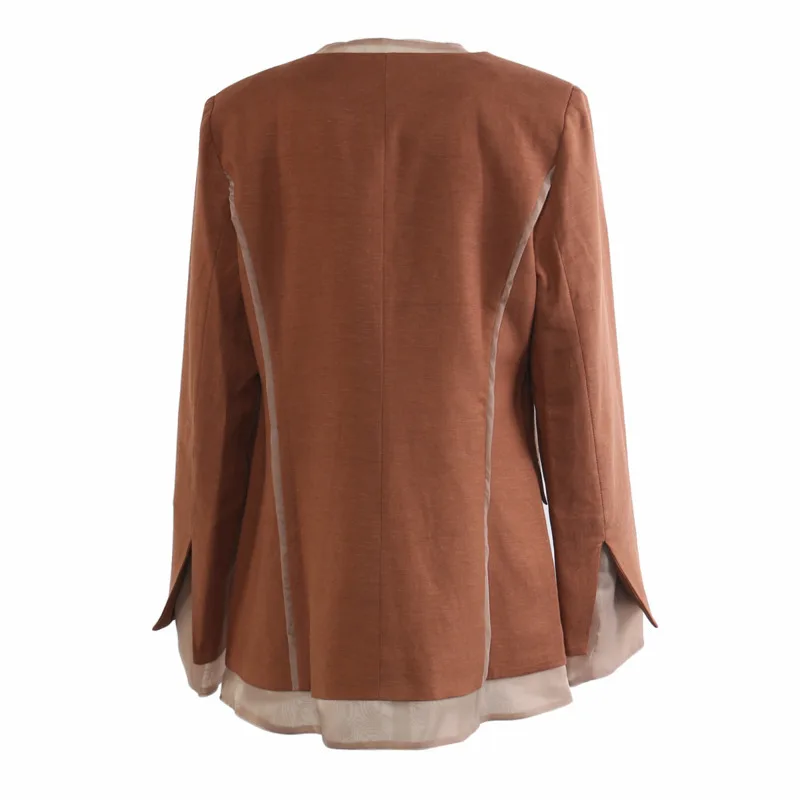 FANAN Leinen Elegante Kontrast Farbe 2-teiliges Set frauen V-ausschnitt Gespleißt Design Blazer + hohe Taille Gerade Hosen 2025 herbst Neue