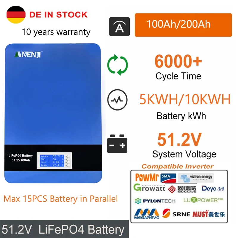 

Powerwall 48V 100AH 200AH LiFePO4 Battery 51.2V 5KWh 10KWh Solar Rechargeable Bateria PC Monitor RS485 BMS 6000 Cycle for Home