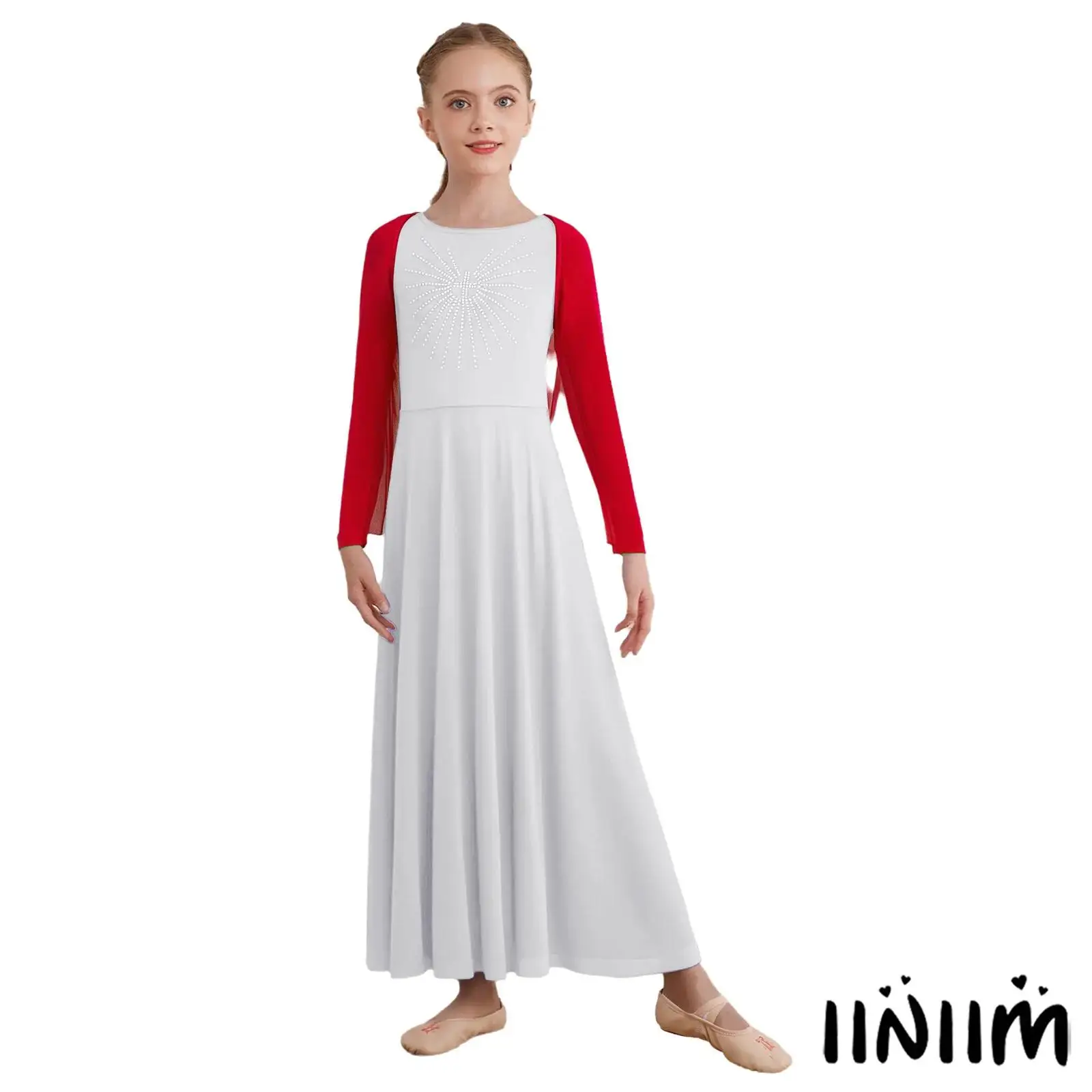 

Kids Girls 2Pcs Praise Worship Dance Outfit Open Front Irregular Hem Shrug with Maxi Dress for Lyrical Modern Dance Performance