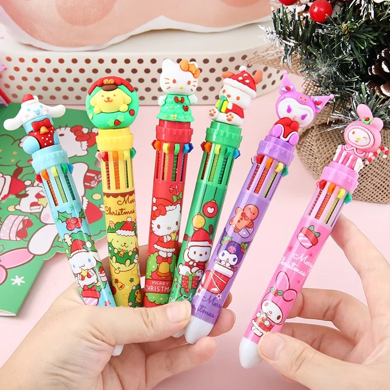 Sanrio Christmas Ballpoint Pen Kuromi Cinnamoroll Ten-color Ballpoint Pen Multi-color Push-type Integrated Marker Pen