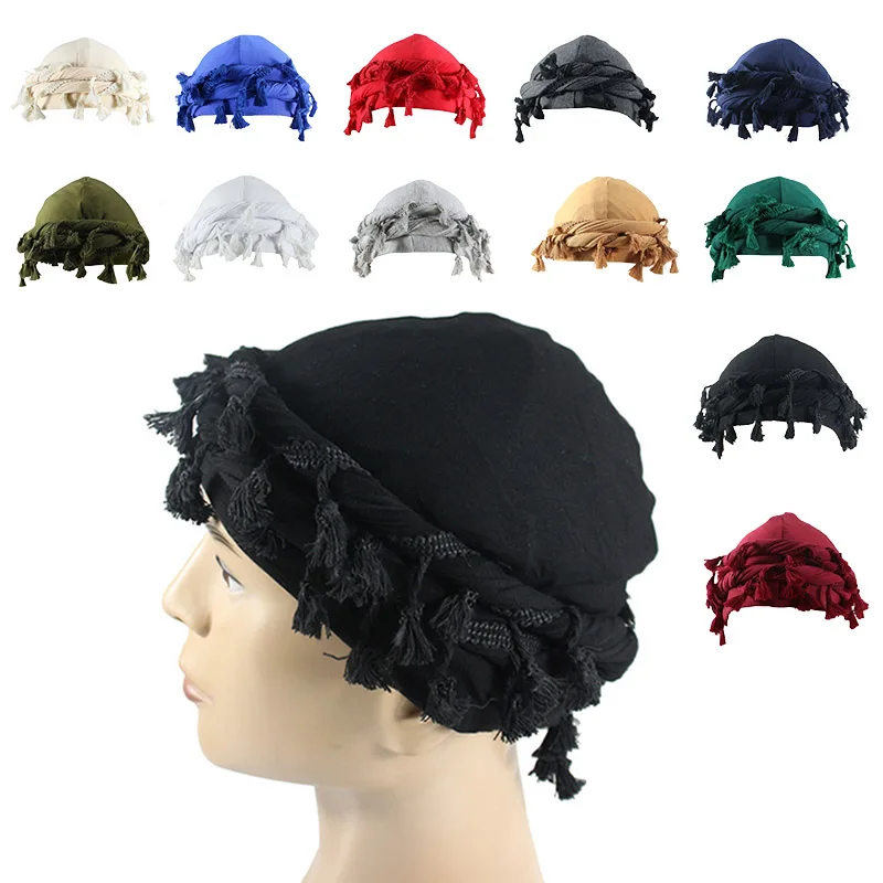 

Men Hat Burr Trim Twisted Tail Fringe Cotton Bandana Hat Turban Hats Satin Lining Head Wrap Beanie Cap Tassel Headscarf Hat