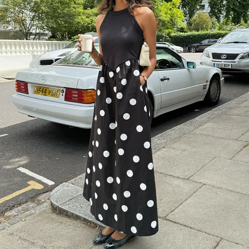 

New Fashion Style Women's Sleeveless Cool Temperament Splicing Polka Dot Printing Dress Royal Sister Style Long Dress