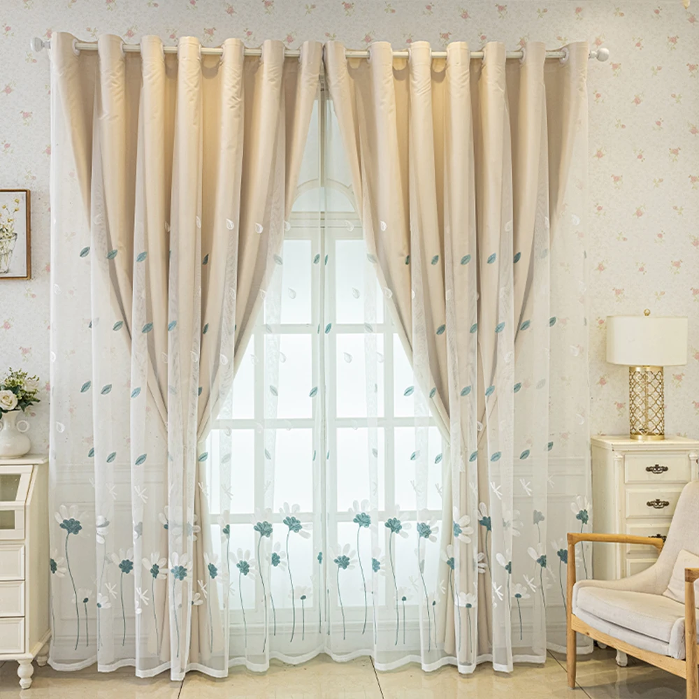 Embroidered Double Layer Curtain, 1 Count Modern Simple Window Curtain, Home Decorative Curtain for Living Room Bedroom Study Ro