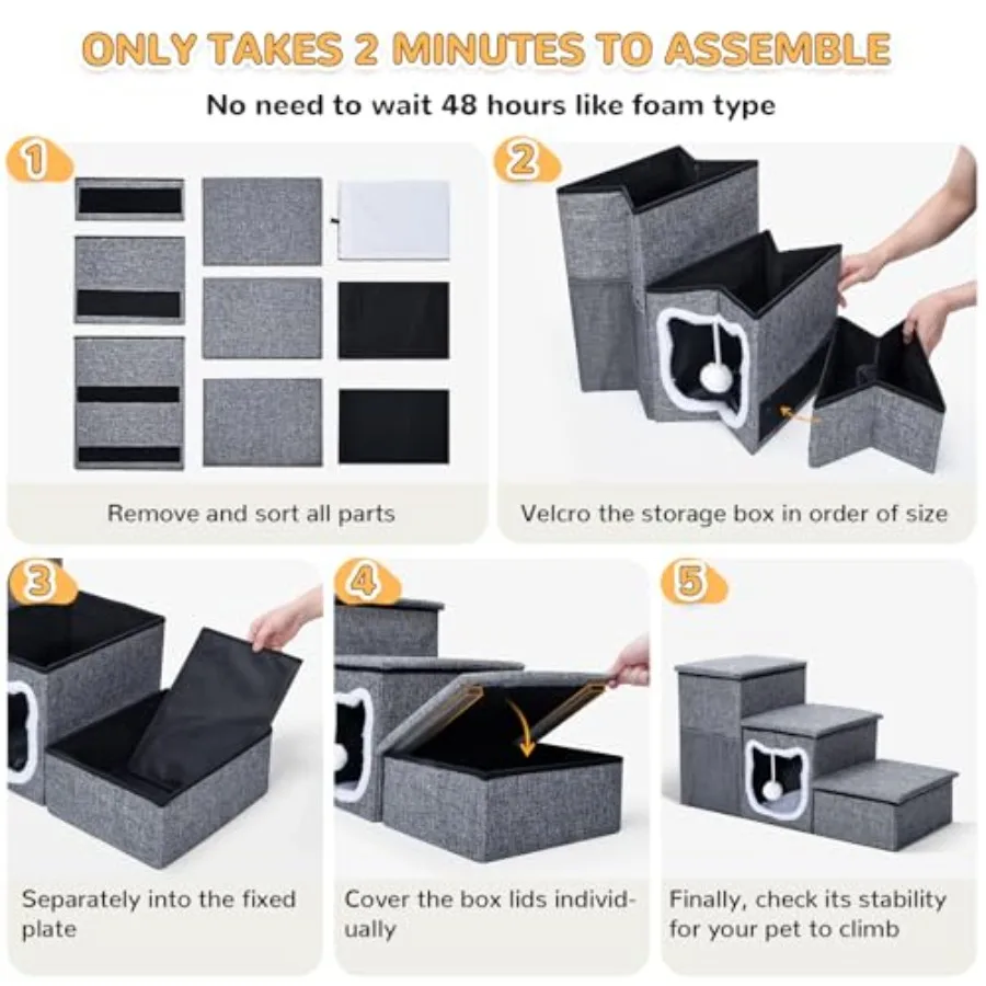 บันไดสำหรับสุนัขขนาดเล็ก Bilibrara สูง 16 นิ้ว แบบพับได้ สำหรับเตียงสูง ป้องกันการลื่น บันไดแมว 3 ขั้น พร้อมที่เก็บของและผ้าขน