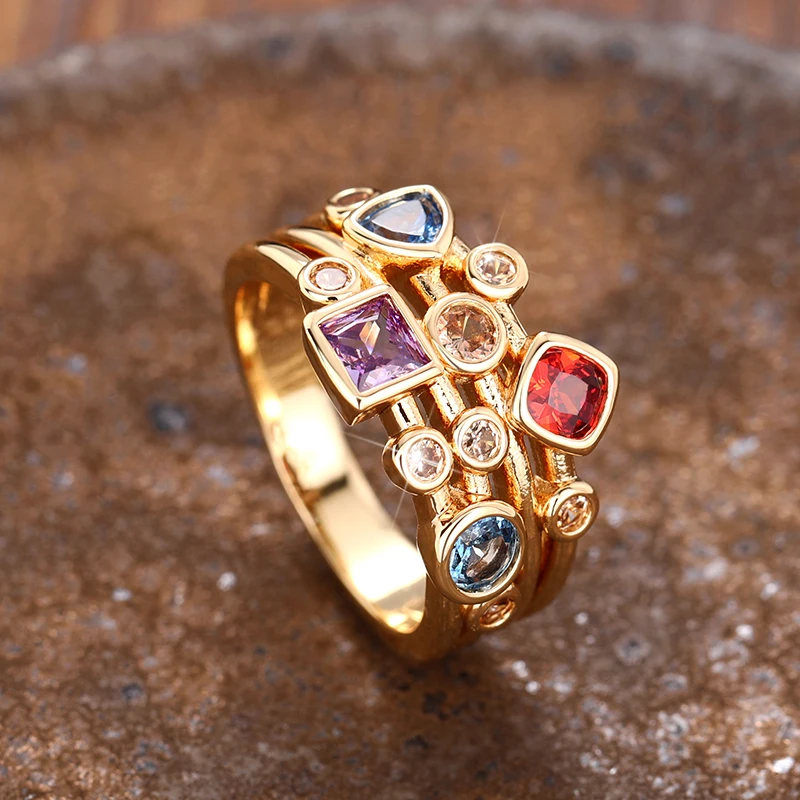 Huitan Geometric Colored Cubic Zircon Rings for Women Unique Wedding Band Accessories Statement Female Accessories Gift Jewelry