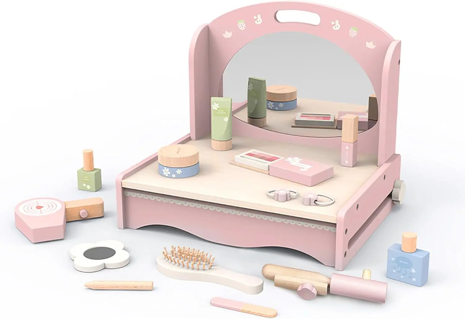 Holz Waschtisch Spielzeug für kleine Mädchen, Kinder Schönheits salon Spielset mit Zubehör 15 stücke, so tun, als spielen Kleinkind Make-up-Kit ta