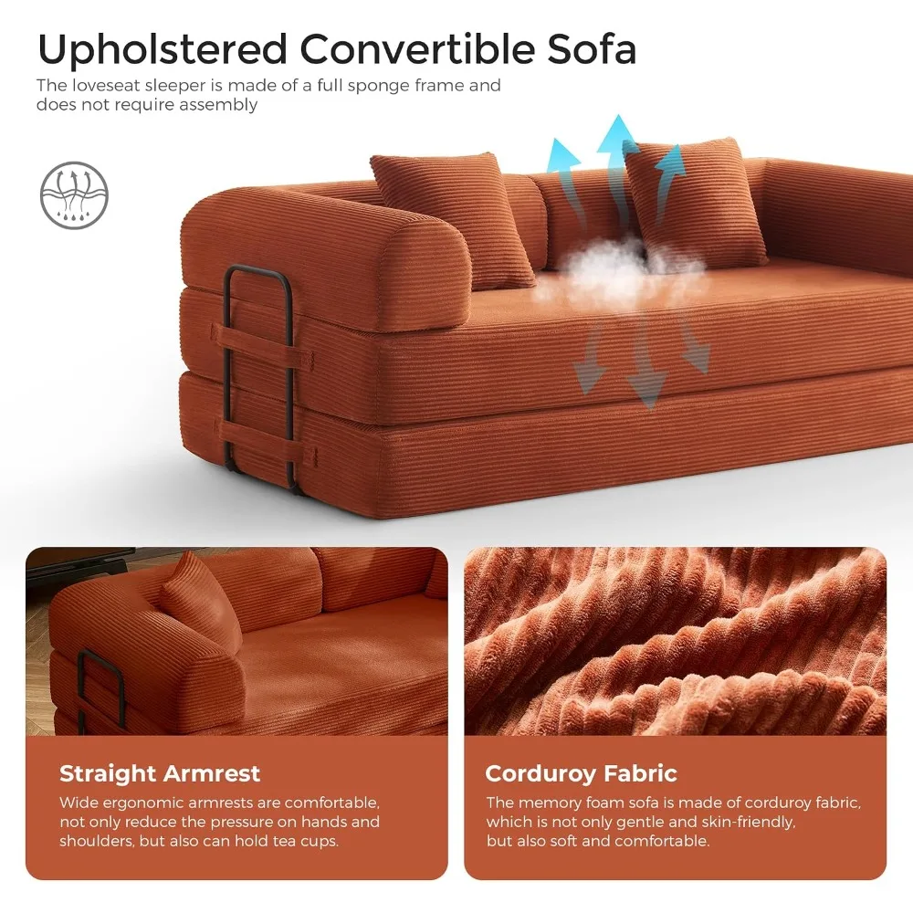 79" Convertible Futon Sofa Bed, Boneless Couch for Living Room, Orange - view 4