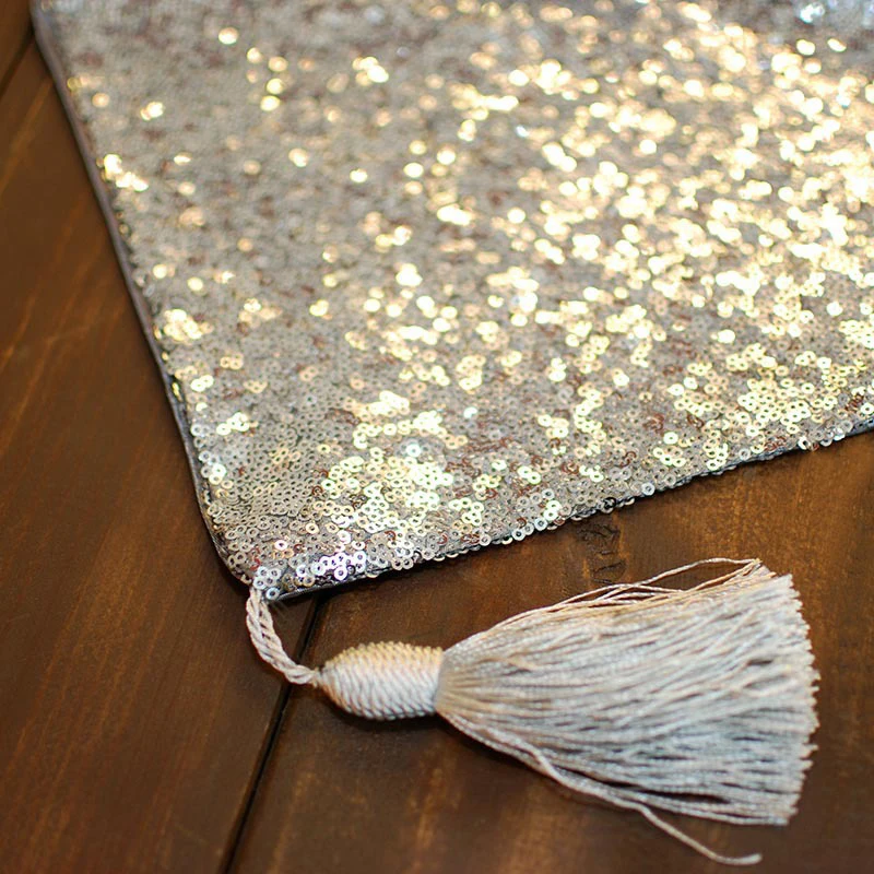 Silver Sequin Tassel Table Runner for Birthday Party Wedding Decoration Bride Baby Shower Christmas Halloween Dinner Table Decor