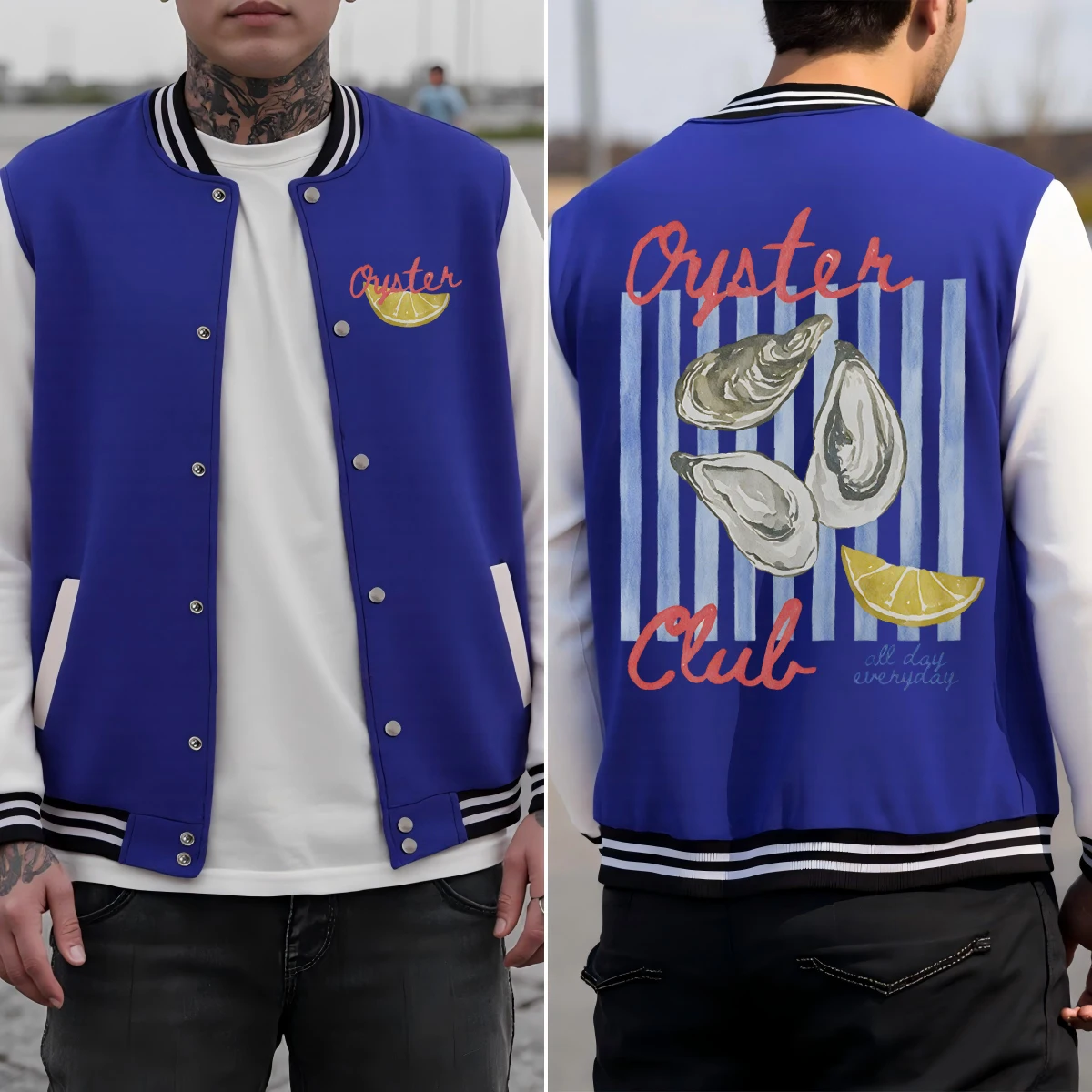 

Creative Shell Lemon All Day Print Jackets Men Autumn Cotton Streetwear Pocket Loose Colorful Baseball Uniform Hip Hop Top