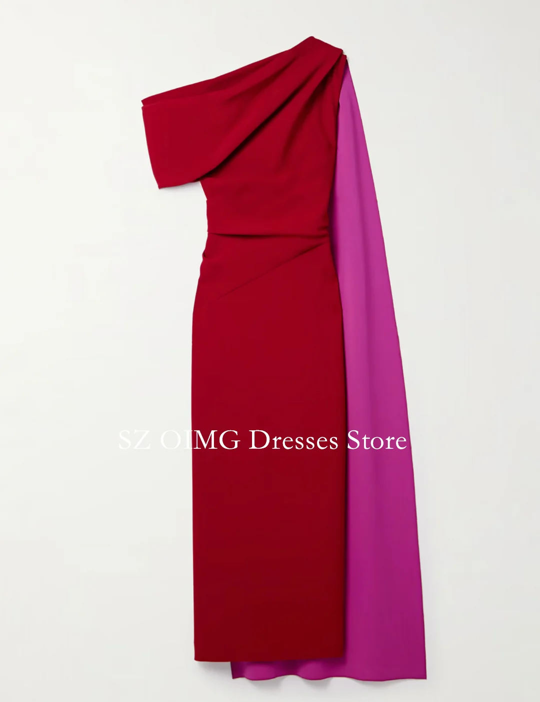 OIMG New Design One-Shoulder Prom Dresses Saudi Arabic Women Cape Sleeves Red Crepe Satin Evening Gowns Formal Party Dress