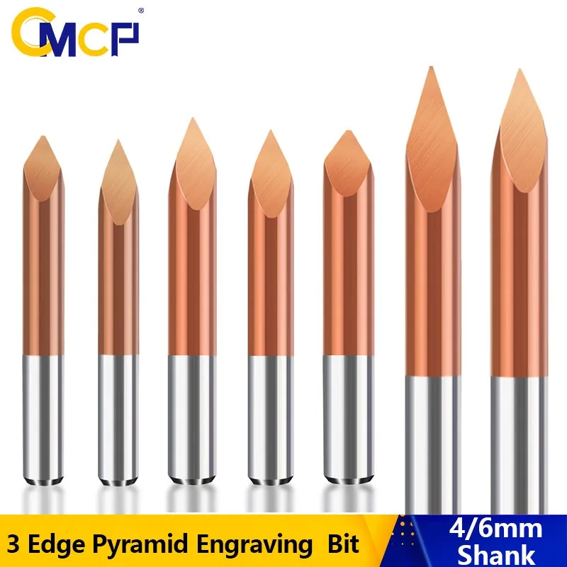 

CMCP 3D Milling Cutter 4mm 6mm Shank 3 Edge Pyramid Bit TICN Coated V Bit Carbide End Mill CNC Router Bit For Woodworking