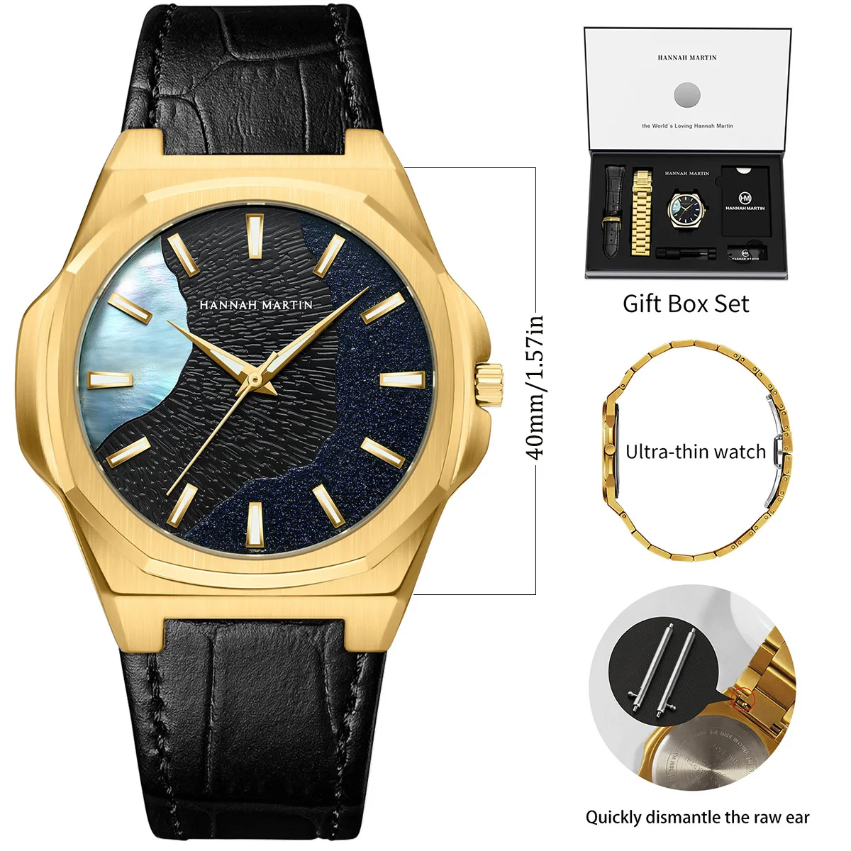 HANNAH MARTIN Women Watch Gift Box 1Set Fashion 40mm Original Clock Japanese Movement 3Bar Waterproof Black Leather Quartz Watch