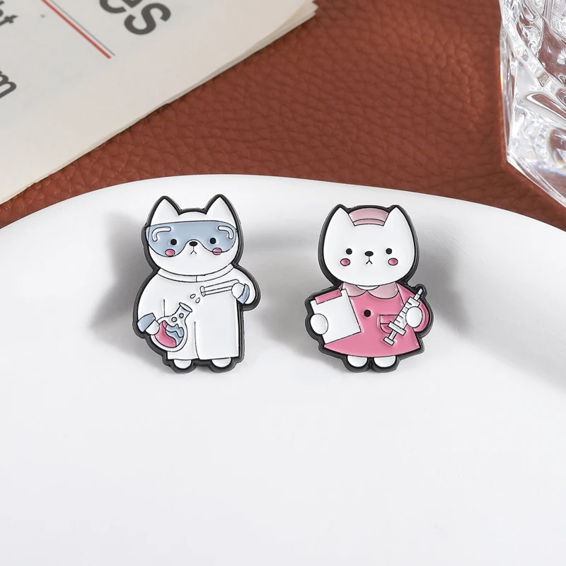 Cute Laboratory Nurse Cat Enamel Pins Badge Cartoon Lab Chemical Scientist Kitten Brooches Jacket Lapel Badge Jewelry Accessory view 2