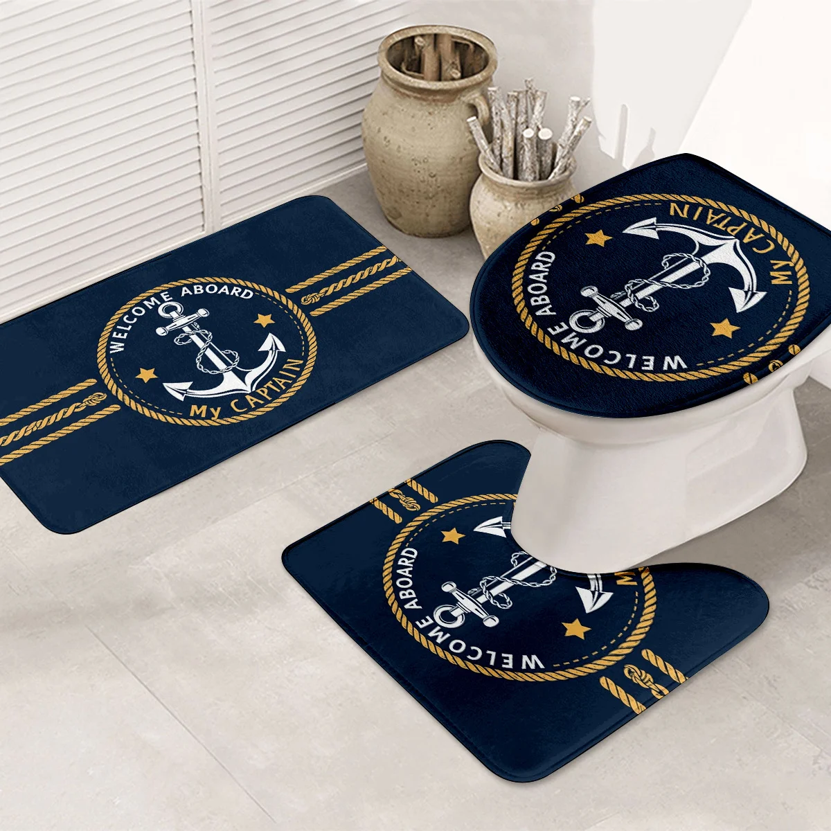 

Набор из 3 предметов для декора ванной комнаты в темно-синем стиле, полиэфирная ткань, можно стирать в машине, U-образный коврик, нескользящий коврик, чехол на сиденье унитаза