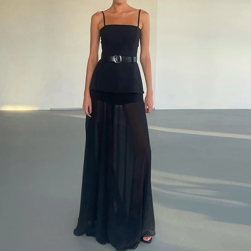 템퍼먼트 스플라이스 메쉬 롱 드레스 여성 섹시 슬래시 넥 홀로우 A라인 파티 드레스 여름 백리스 스파게티 스트랩 보헤미안 드레스