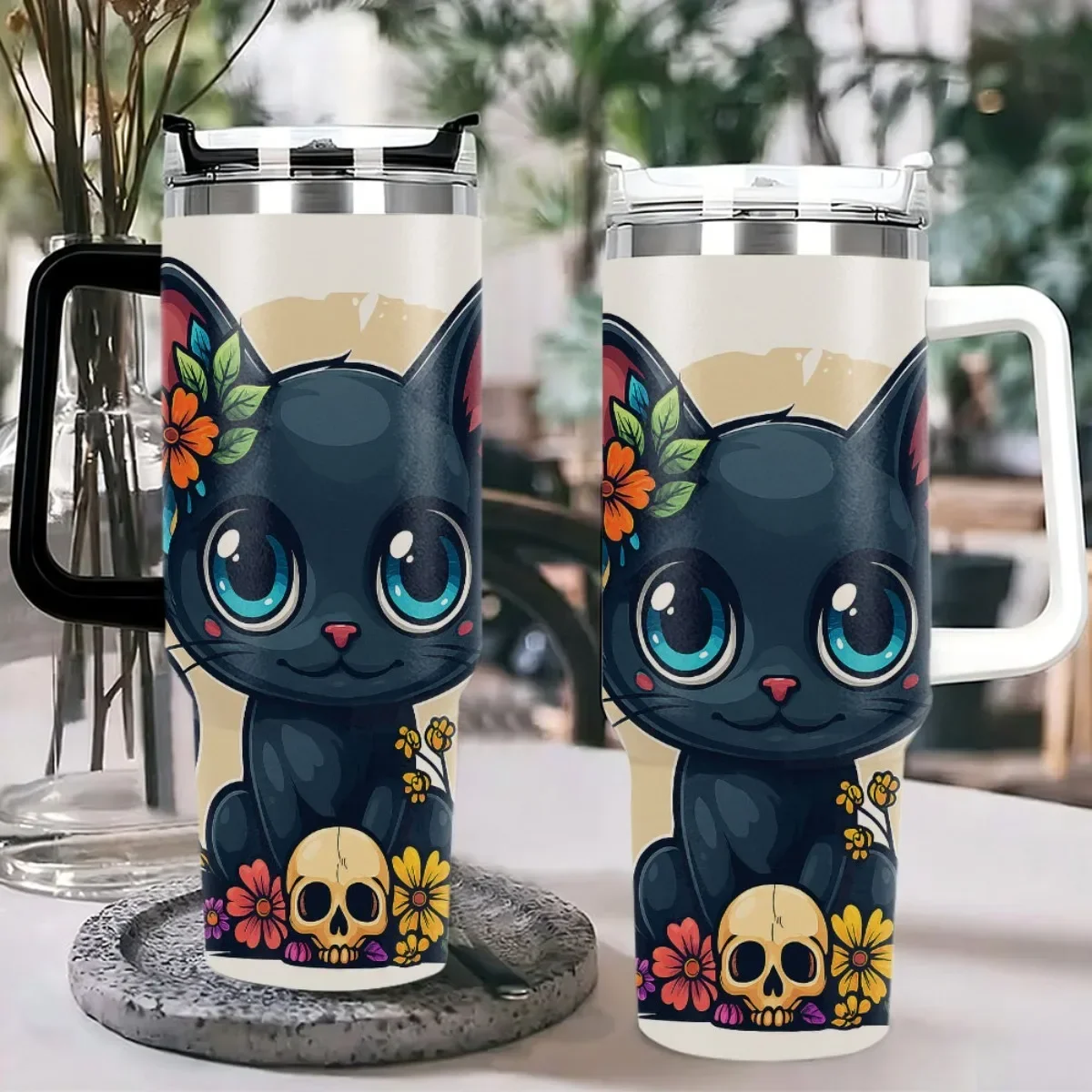 1pc of a 40-Ounce Stainless Steel Coffee Mug Featuring Double-Layer Vacuum Insulation, a Second-Generation Handle, And a Third-Generation Locking Lid with a Straw And Cap, Designed to Keep Drinks Cool in Summer. Hand Wash Only And Reusable