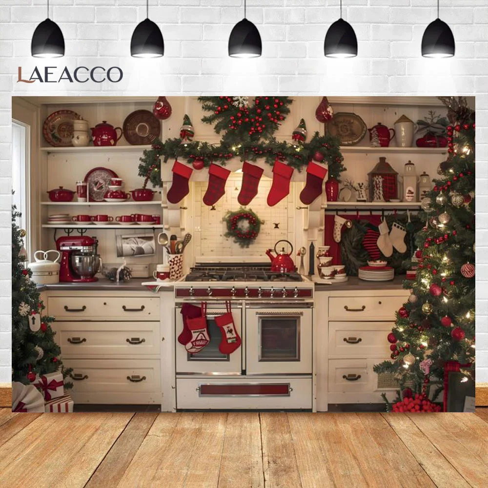 Christmas Kitchen Backdrop Kitchenware Cabinets Family Shoot XMAS Tree Party Baby Portrait Photography Background Photo Studio